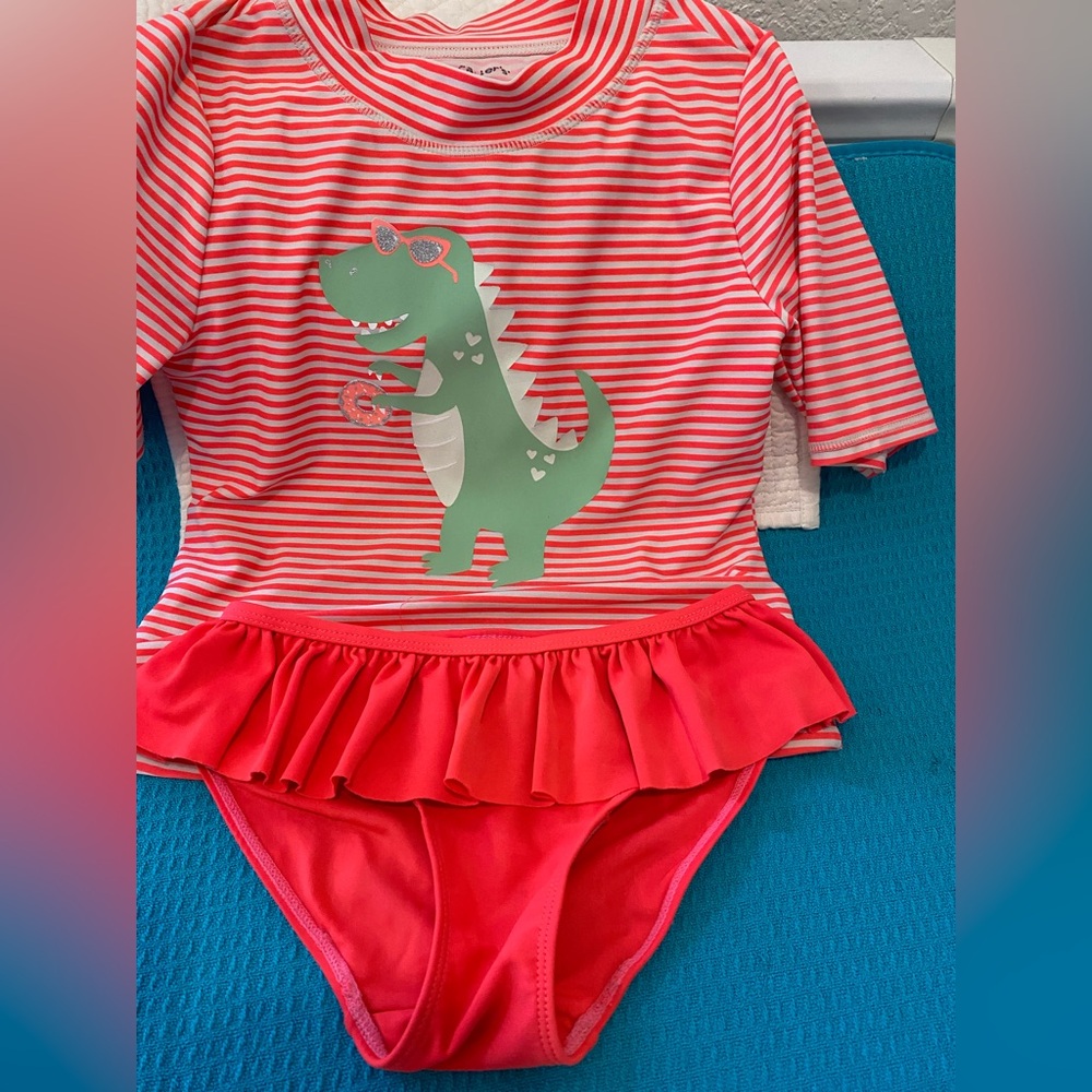 Carter’s Girl’s Rash Guard “2pc DinoGirl Bikini” White/Hot PinkStripe Size 7 EUC